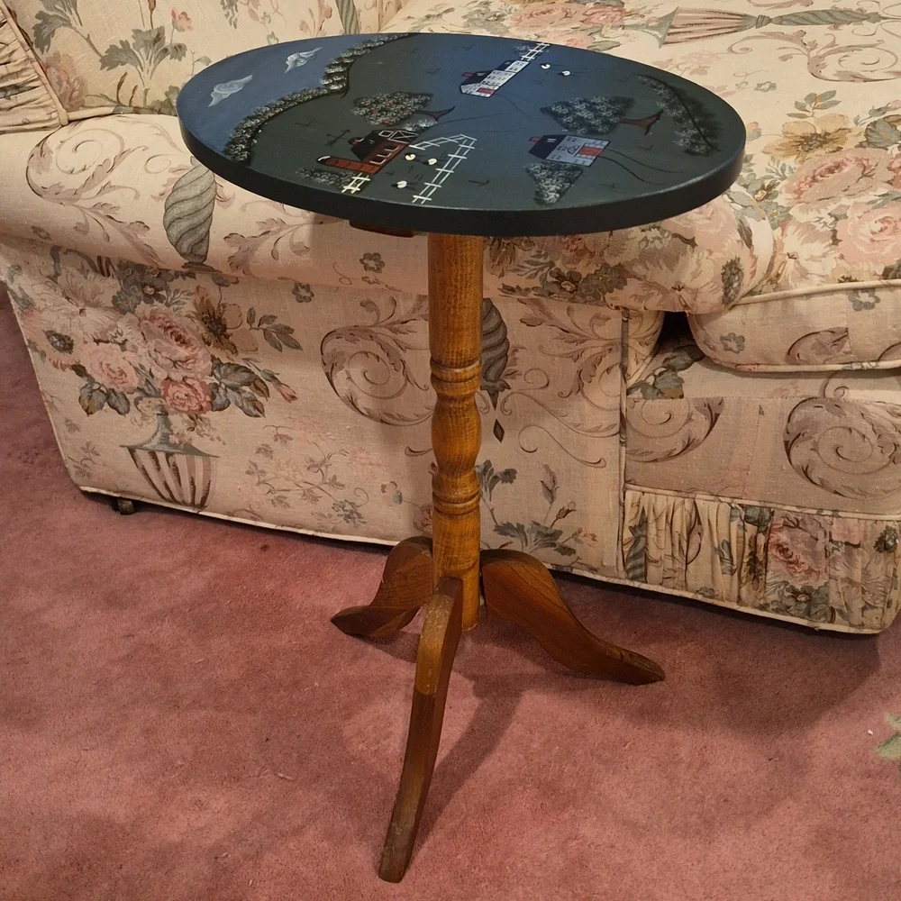 Vintage Wooden Hand-Painted  Oval Cottage Country Scene Tilt Tea Table